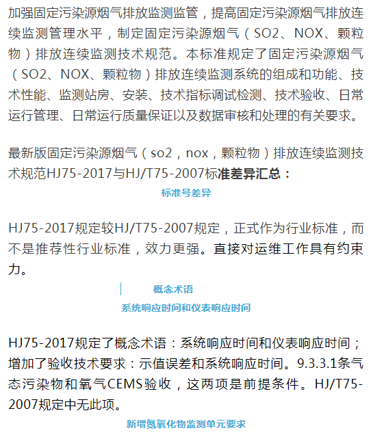 煙氣（so2，nox，顆粒物）排放連續(xù)監(jiān)測技術規(guī)范 HJ75-2017與HJ/T75-2007標準究竟有何不同
